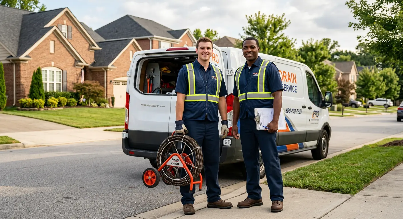 Sewer and drain service team with equipment ready for work in Cedar Grove