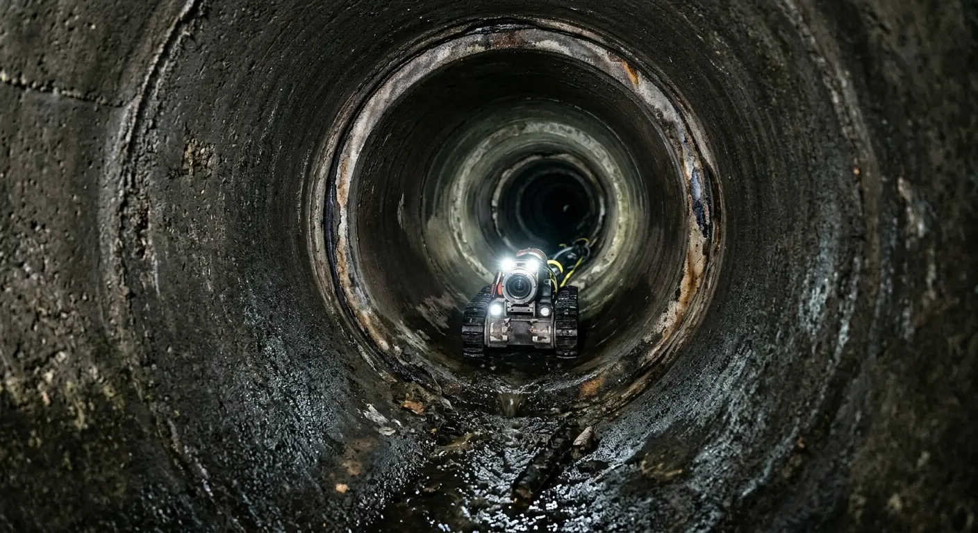 Robotic sewer camera inspecting pipe interior for Sewer Line Cleaning in Cedar Grove
