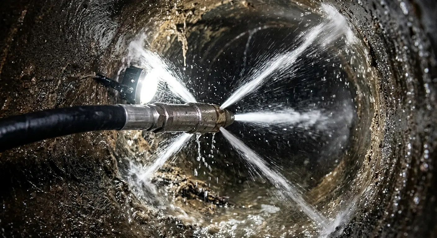 High-pressure hydro jetting nozzle cleaning sewer pipe for Storm Drain Cleaning in Cedar Grove