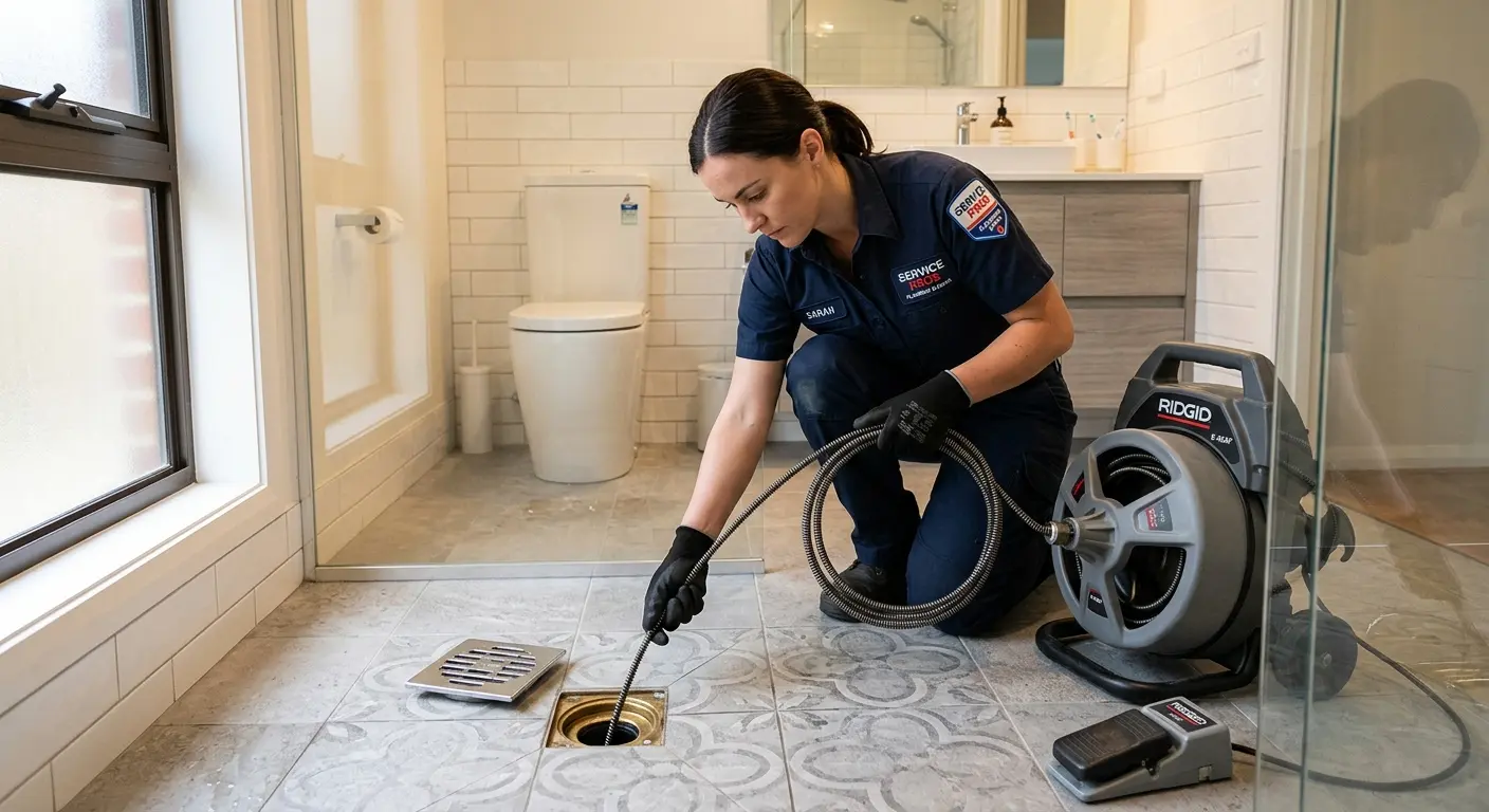 Technician clearing a bathroom floor drain for Drain Cleaning in Cedar Grove